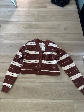 Free People Brown & Cream Cropped Striped Button Cardigan